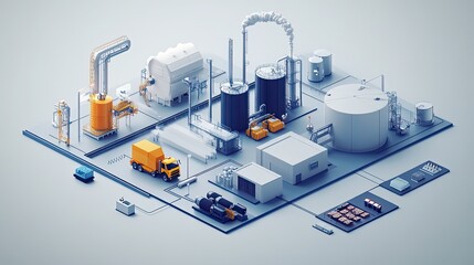 A stylized future industrial landscape showcasing energy processing with a delivery truck and interconnected systems