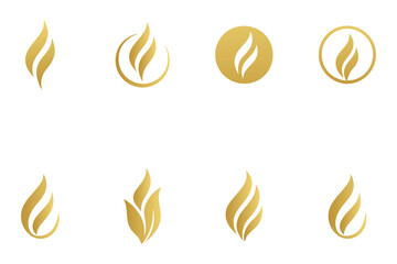 Set of elegant golden flame logo designs with abstract fire and leaf symbols