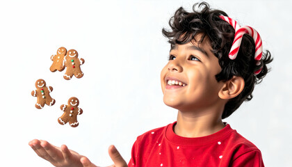 Joyful Boy with Candy Cane Headband Juggling Gingerbread Men
