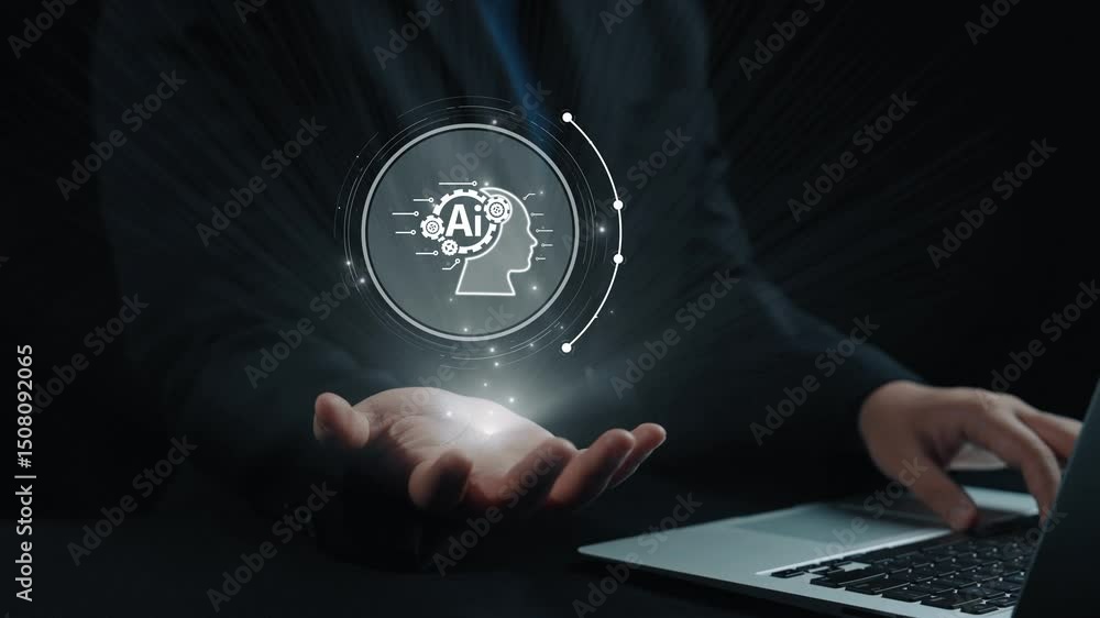 Poster human interact with ai artificial intelligence brain processor in concept of ai artificial intellige