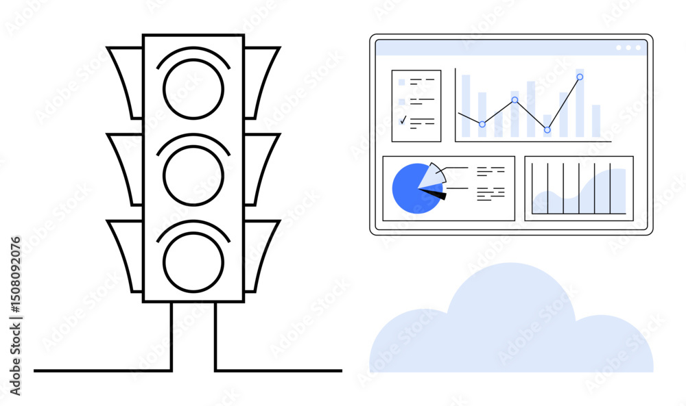 Poster traffic light beside a digital dashboard featuring graphs, charts, and analytics above a cloud. idea