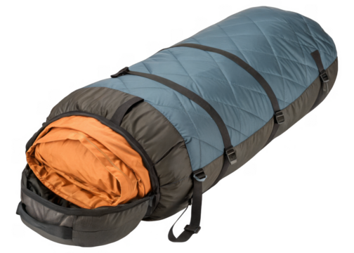  Sleeping bag in compression sack Isolated on a transparent background.