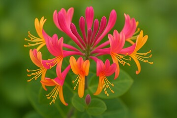 Close up Honeysuckle flowers with impressive bicolor blooms of pink and yellow. Lonicera periclymenum flowers, common names honeysuckle, common honeysuckle, European honeysuckle or woodbine in bloom.
