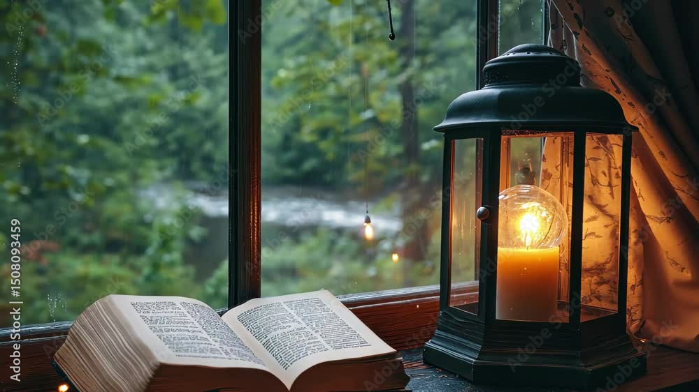 Poster cozy corner with open book and lantern by the window in a serene forest setting, cozy window with la