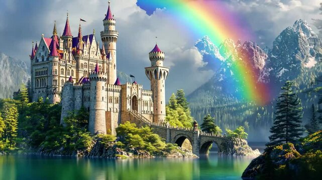 Enchanting castle palace overlooking a tranquil lake with a vibrant rainbow and majestic mountains, Castle palace view with background lake, rainbow, beautiful fantasy video