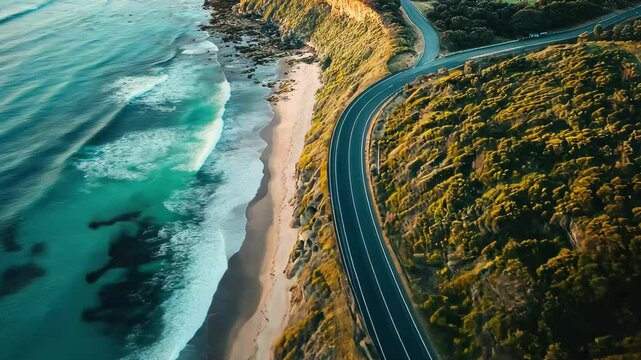 Stunning coastal view along the Great Ocean Road during an Australian holiday vacation, Australia holiday vacation on Great Ocean Road coastal highway Aerial view