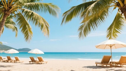 Peaceful summer vacation scene with blue sea and sky horizon, relaxing beach setting featuring colorful sun umbrella and empty lounge chairs on soft sand, symbolizing calm, leisure
