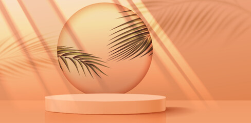 Luxury podium display with palm leaf - green tropical plant on pastel orange background. Round platform with window on wall, pedestal for cosmetic product showcase. Elegant 3d stage summer concept