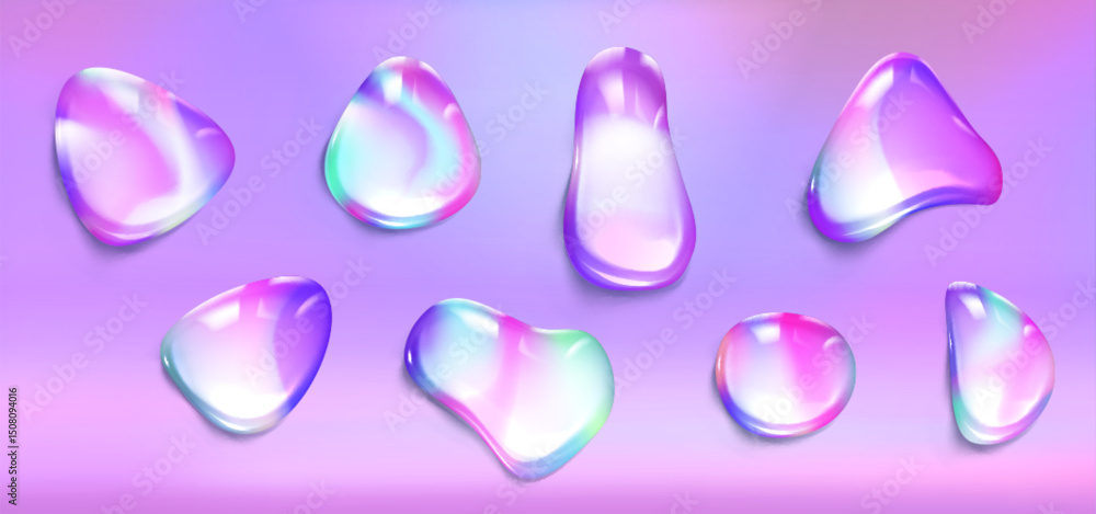 Poster holographic drop shapes in vibrant gradient colors from purple to blue. glossy irregular ovals of li