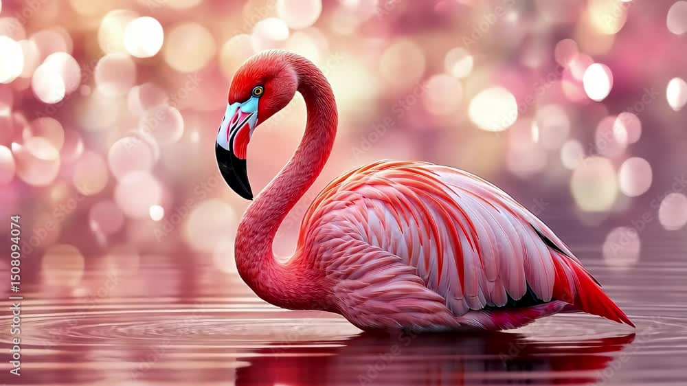 Poster elegant flamingo wades through pink water with a soft bokeh background creating a serene atmosphere,