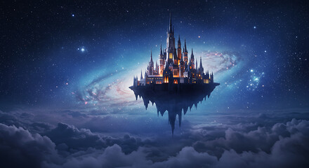 Obraz premium Enchanting Floating Castle in Starry Night Sky Above Cloudscape Fantasy Illustration
