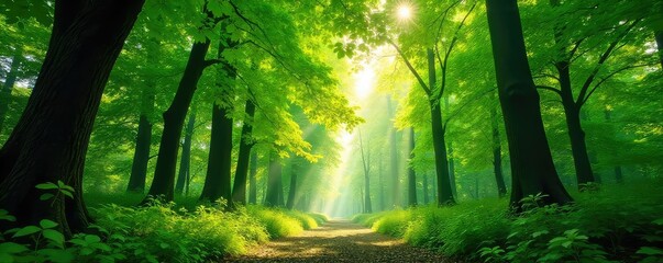 Obraz premium A lush green forest canopy, dappled sunlight filtering through leaves, creating a sense of shaded tranquility and peaceful energy , ecosystem, oxygen, forest