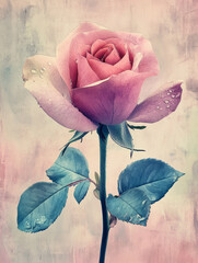 Elegant pink rose with dew drops in vintage pastel tones