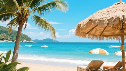 Peaceful summer vacation scene with blue sea and sky horizon, relaxing beach setting featuring colorful sun umbrella and empty lounge chairs on soft sand, symbolizing calm, leisure