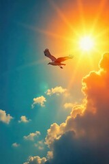 A lone bird soars overhead, its direction clearly marked by its flight path against a vibrant, sun-drenched sky The image conveys a sense of movement and purpose, a journey underway , path, wings
