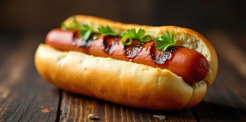 A delicious grilled hot dog, perfectly seared, resting on a toasted bun  Juicy, savory, and ready to eat  Classic American comfort food  , delicious, recipe
