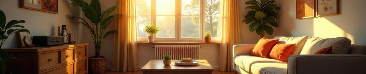 Fototapeta premium A cozy living room scene, sunlight streaming through a window, highlighting comfortable furniture and personal belongings, creating a feeling of warmth and relaxation , details, rest, apartment