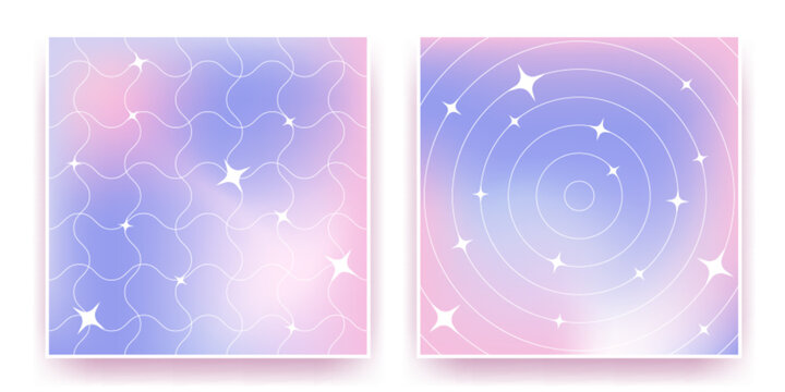 Y2k star pattern backgrounds - gradient mesh squiggly lines with white shining twinkles. Dreamy cosmic aesthetic design in pastel blue, pink and purple colors. Girly trendy sparkly decorative element