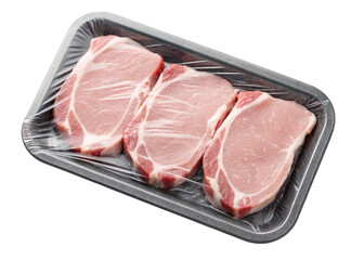 Fototapeta premium Tray of pork chops, plastic-wrapped on a transparent background.