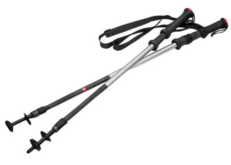 Trekking poles pair, collapsed and strapped isolated on transparent background.