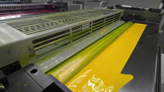 Zoom out of a printing press roller covered in vibrant yellow ink
