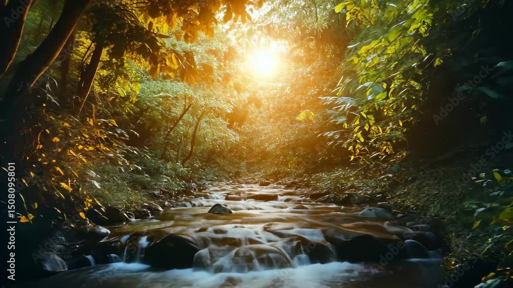 Aufkleber sunlight filtering through trees over a tranquil river in the amazon rainforest, forest background w