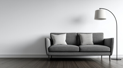 Close-up of living room with dark wooden floor, 1 sofa, minimalist tall lamp, white wall, no shadow.