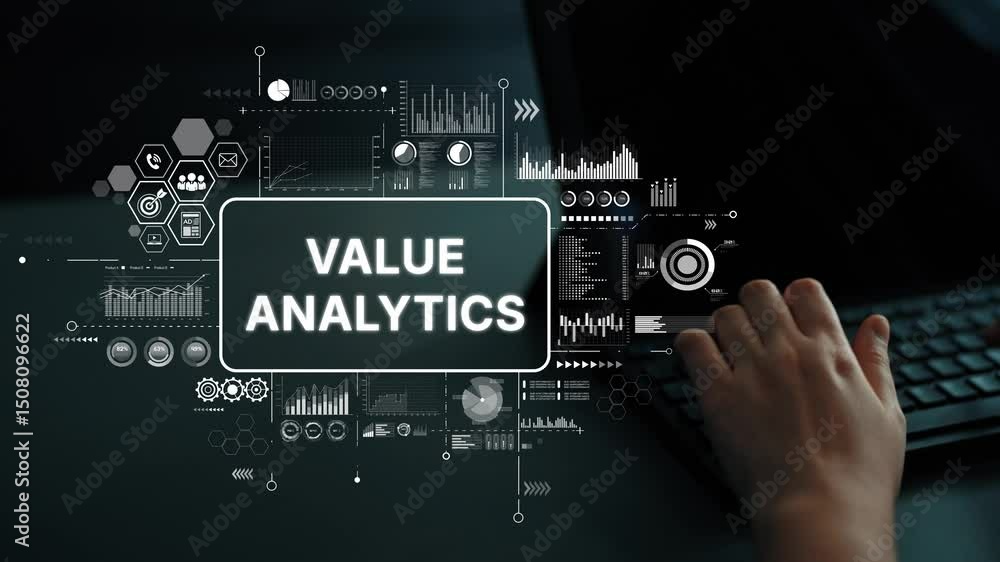 Poster innovative value analytics concept with data visualization, modern graphics and hand on keyboard in 
