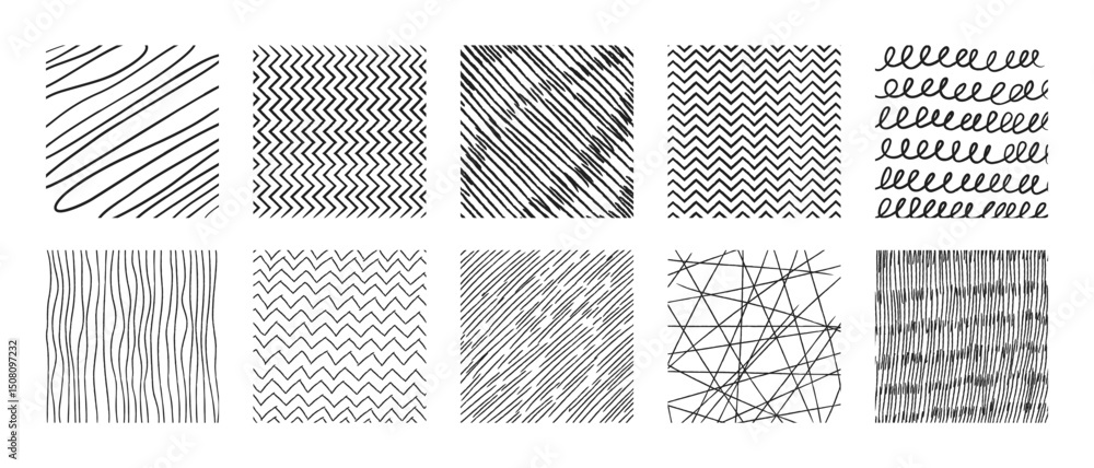 Poster crosshatch pattern swatches - wavy and zig-zag, striped and checkered textures. black geometric ink 