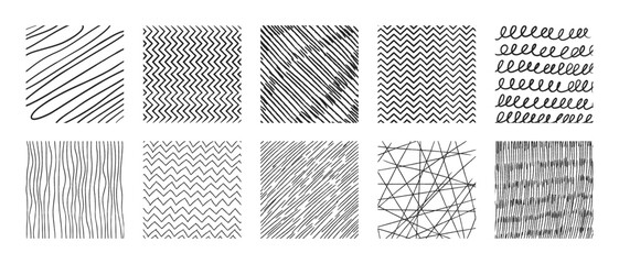 Crosshatch pattern swatches - wavy and zig-zag, striped and checkered textures. Black geometric ink drawing backgrounds with linear shapes. Hand sketched graphic elements for borders, surface designs.