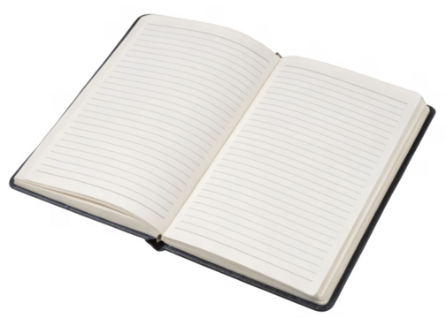 Open notebook, blank pages Isolated on a transparent background.
