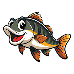 Animated fish character with a big smile and open mouth swims with joy