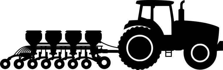 Black silhouette of a tractor towing a seed drill with bins and planting tubes, ideal for farming vectors