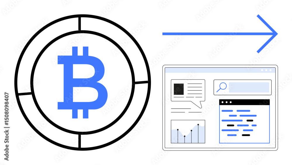 Poster bitcoin symbol in a circular design linked with an arrow to a data analytics dashboard. ideal for bl