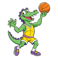 Obraz premium Cartoon alligator smiles, ready to throw the basketball in his yellow jersey and shorts