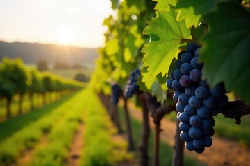Fototapeta premium Sun-drenched rows of pinot noir grapes ripening on the vine at a picturesque winery, ready for harvest Lush green foliage, rolling hills, and a tranquil atmosphere , idyllic, grapevines, france