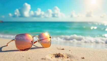 Stylish sunglasses resting on a sun-drenched beach, reflecting the vibrant summer sky  Perfect for travel, summer, and vacation themed projects , yellow, reflection