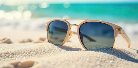 Stylish beach sunglasses resting on soft, white sand near the ocean, reflecting the sunlight  Perfect for summer vacation promotions, travel blogs, or eyewear websites , simple, shore