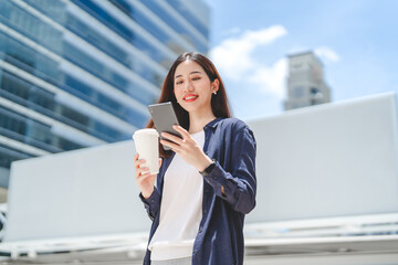 Business woman entrepreneur using smartphone financial growth with technology smart control voice...