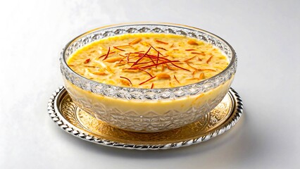 Delicious Kheer Dessert in Elegant Glass Bowl Saffron, Almonds, Sweet Treat, Indian Cuisine