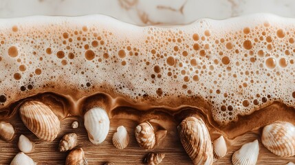 beach with wave foam patterns and seashells scattered
