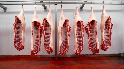 Meat processing event industrial facility food photography clean environment close-up view culinary art