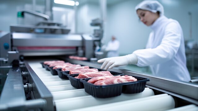 Processing and packaging meat products in a modern facility industrial environment production line view food safety focus