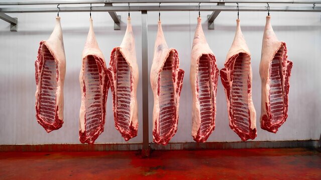Meat processing event industrial facility food photography clean environment close-up view culinary art