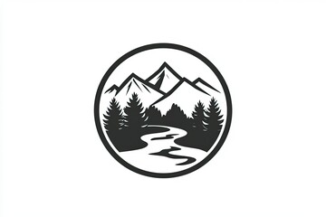 Black and white graphic of mountains, trees, and a river.