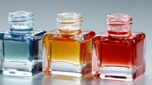 Trio of glass bottles filled with colorful liquids on a light surface featuring blue, yellow, and red transparent fluids