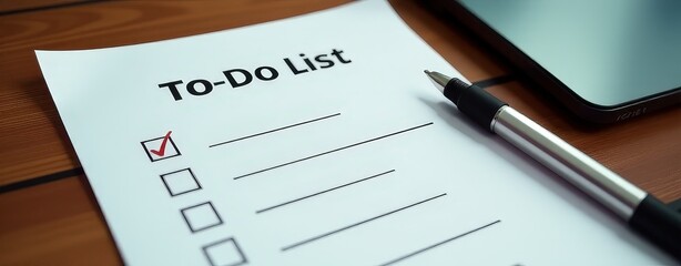 Pen is sitting on top of a To Do List. The list is on a table and the pen is next to it