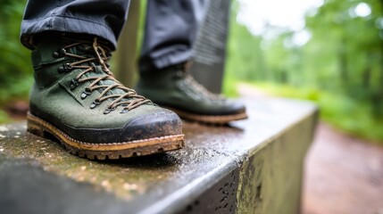 Close-up of hiking boots on a wet stone surface in a lush green forest during a rainy day