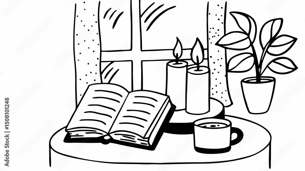 Poster cozy scene with open book candles coffee and plant near a window with dotted curtains design image c