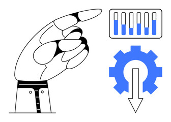 Fototapeta na wymiar Robotic hand gestures toward a data chart and gear with downward arrow emphasizing automation and efficiency. Ideal for technology, robotics, innovation, analysis, engineering, workflow, simple